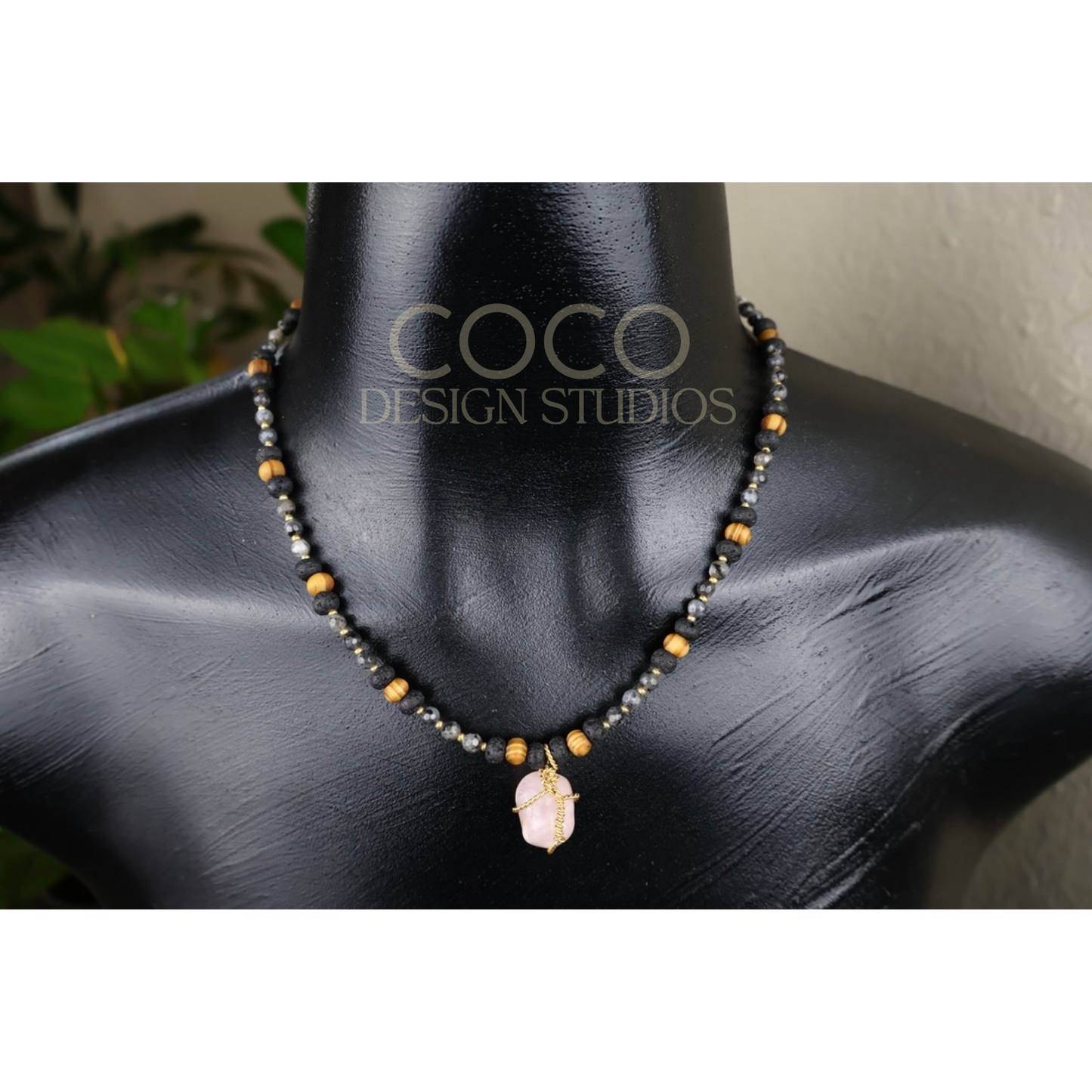 Larvikite, Wood, with a Rose Quartz Pendant, and Gold Accents Necklace