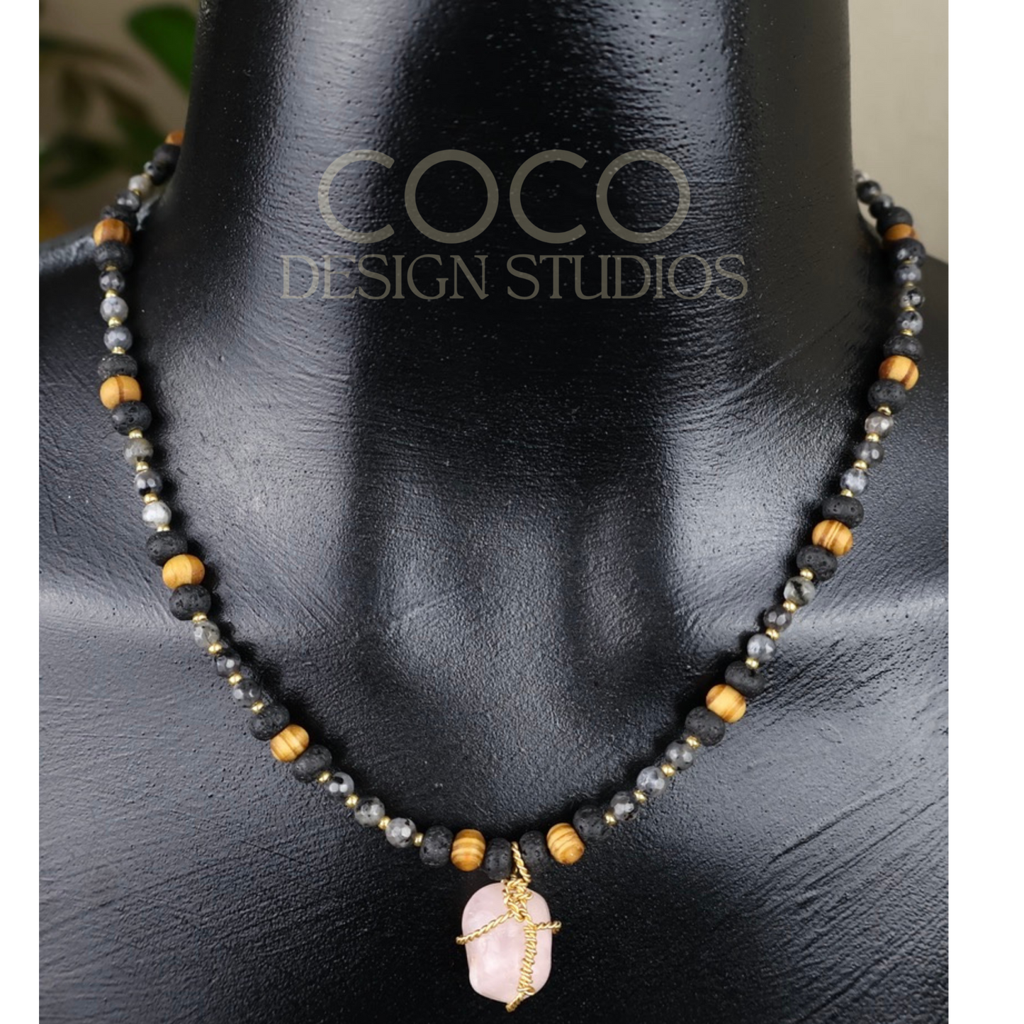 Larvikite, Wood, with a Rose Quartz Pendant, and Gold Accents Necklace