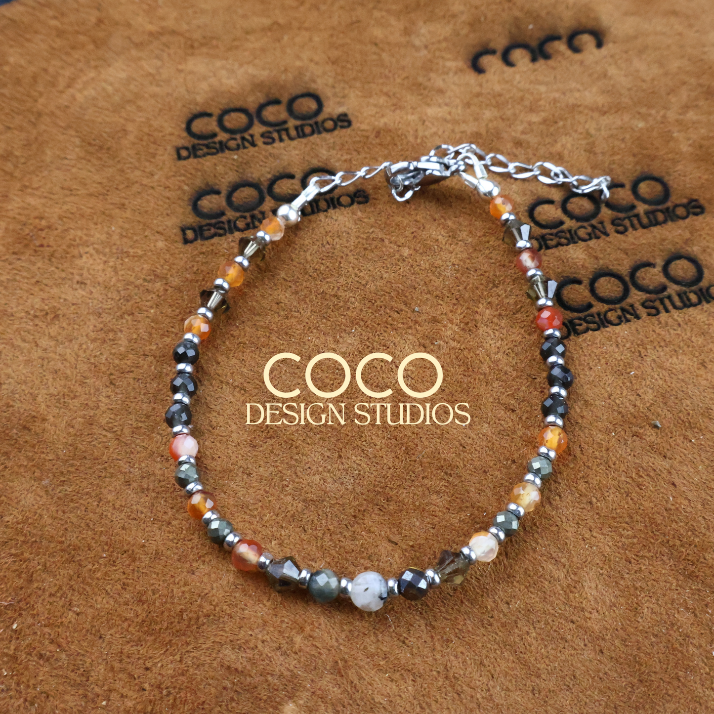 Spinel, Carnelian, Tourmaline Quartz, Austrian Crystals, Stainless Steel Bracelet