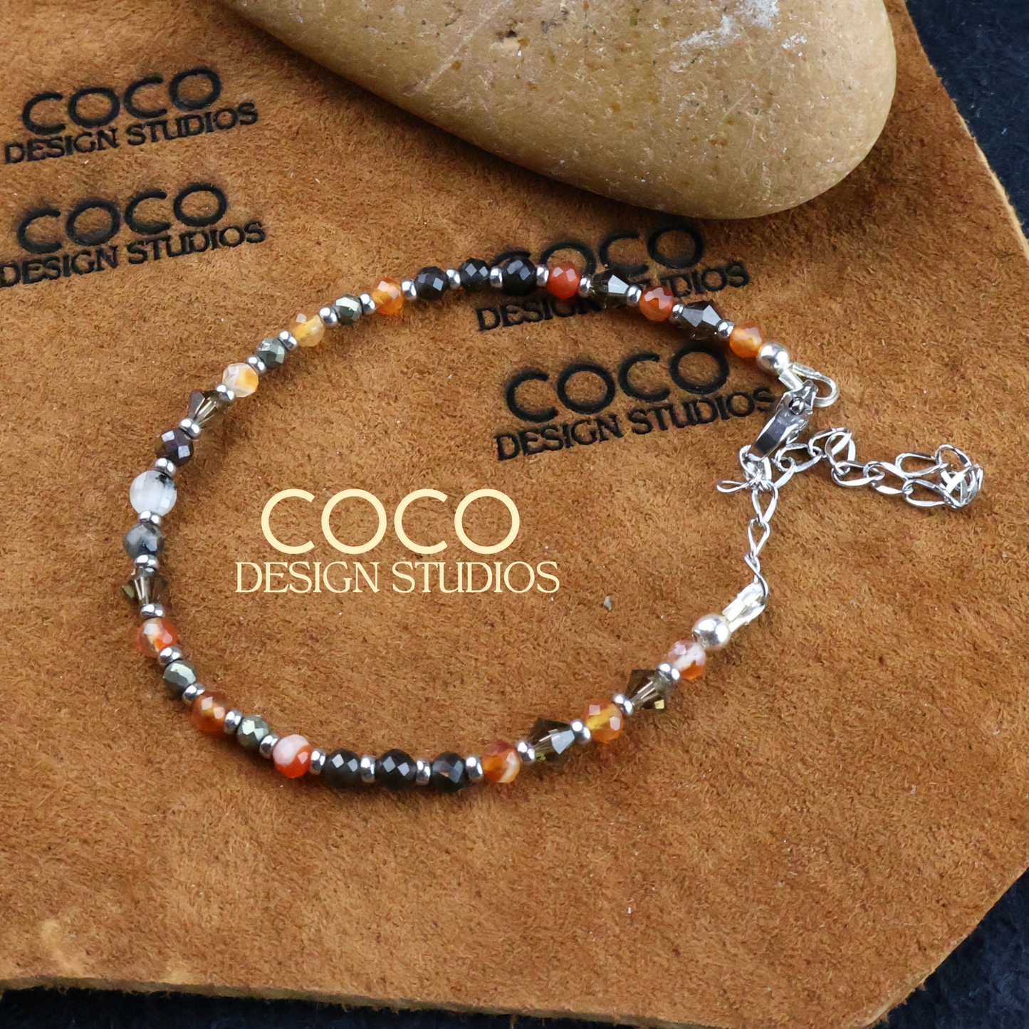 Spinel, Carnelian, Tourmaline Quartz, Austrian Crystals, Stainless Steel Bracelet