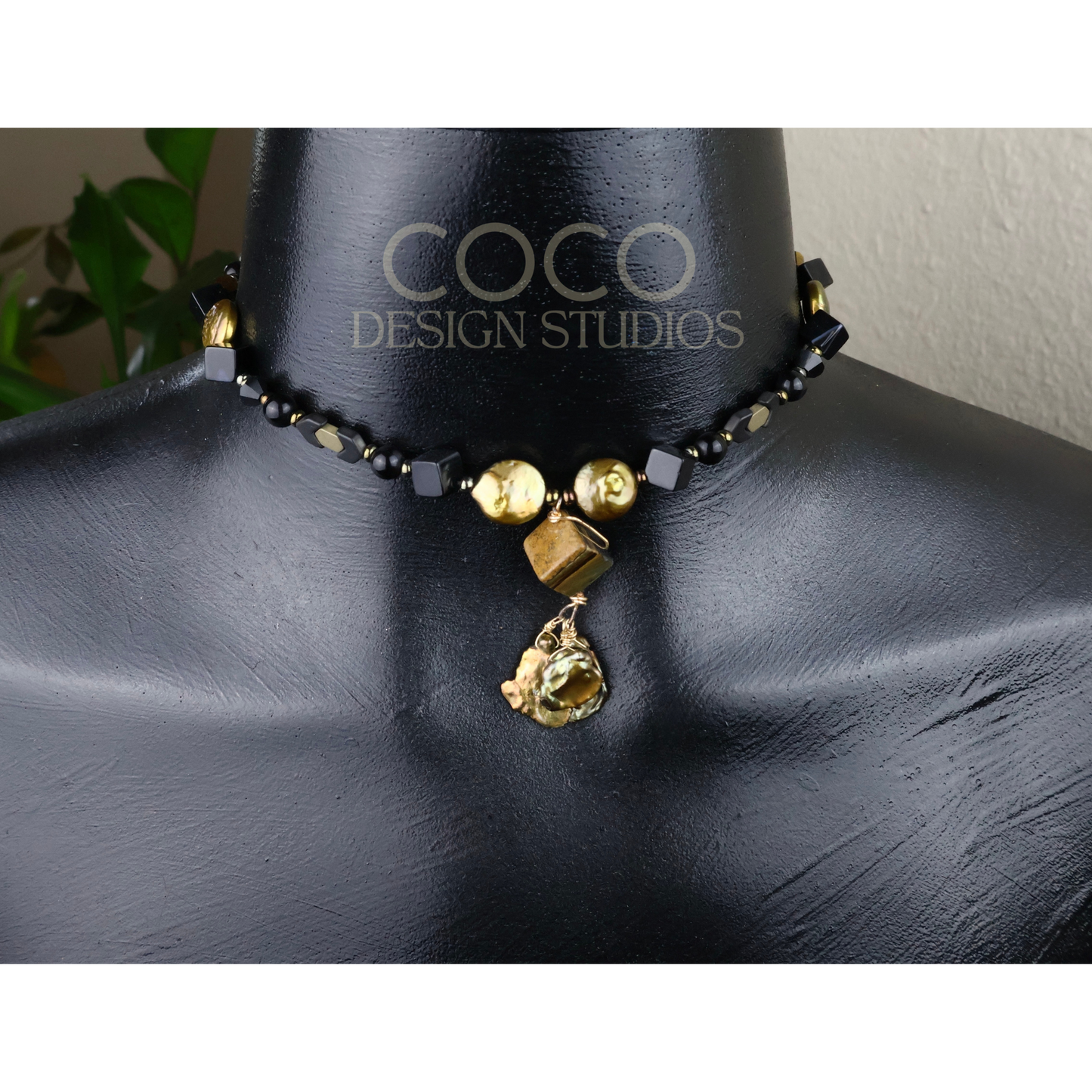 Gold Coin Pearls, Tiger's Eye, and Black Agate Necklace