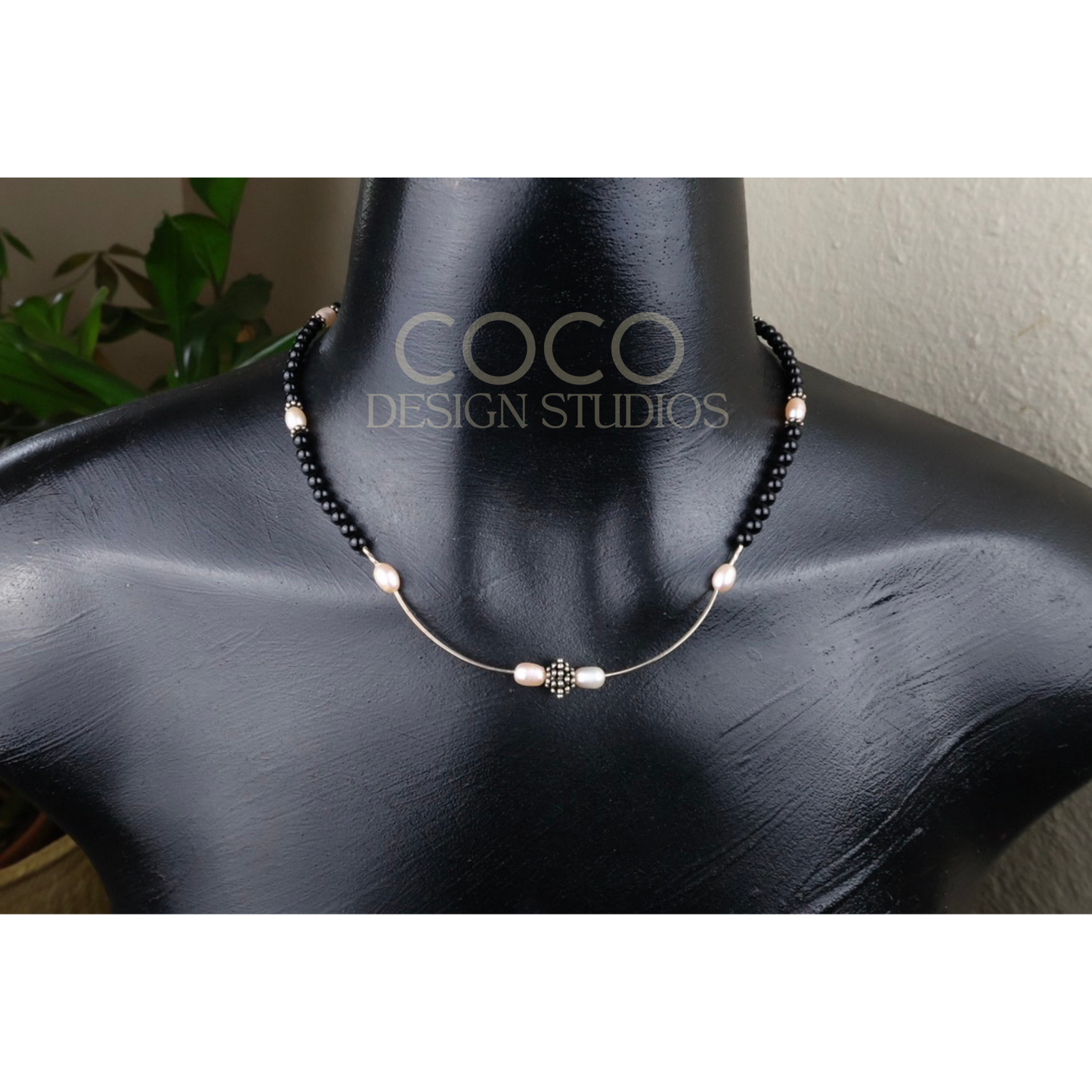 Freshwater Pearls, Onyx, Sterling Silver Necklace
