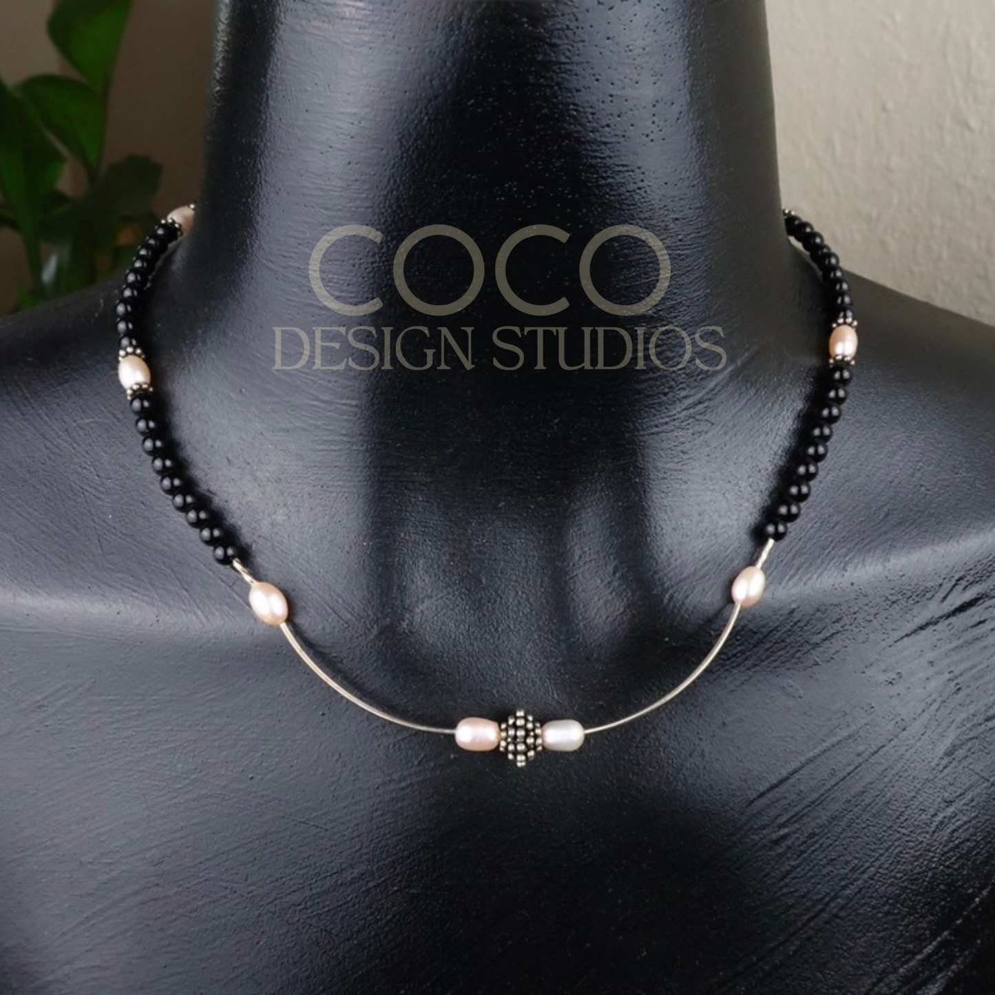 Freshwater Pearls, Onyx, Sterling Silver Necklace