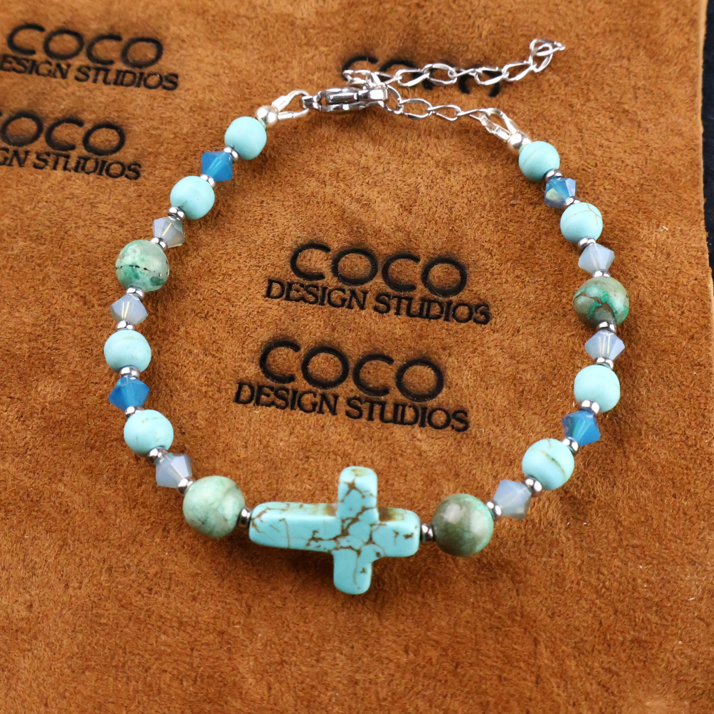 Turquoise Cross and Beads with Austrian Crystal Bracelet