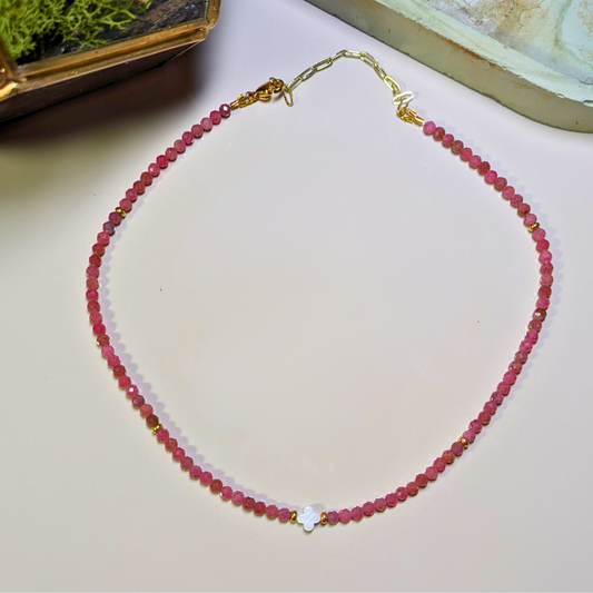 Divine Unity: Pink Rhodonite Necklace with Shell Cross Pendant