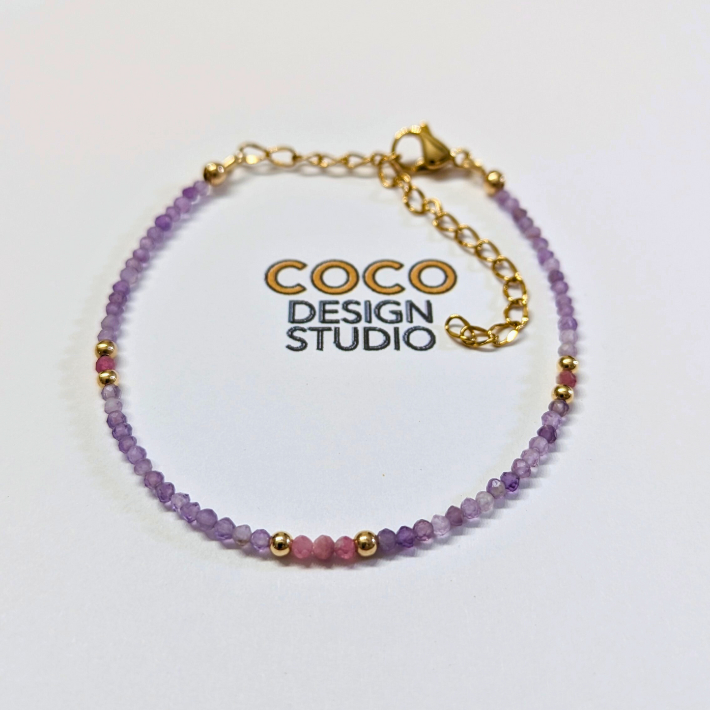 Ethereal Harmony Bracelet: Amethyst and Pink Rhodonite with Gold Filled Spacers
