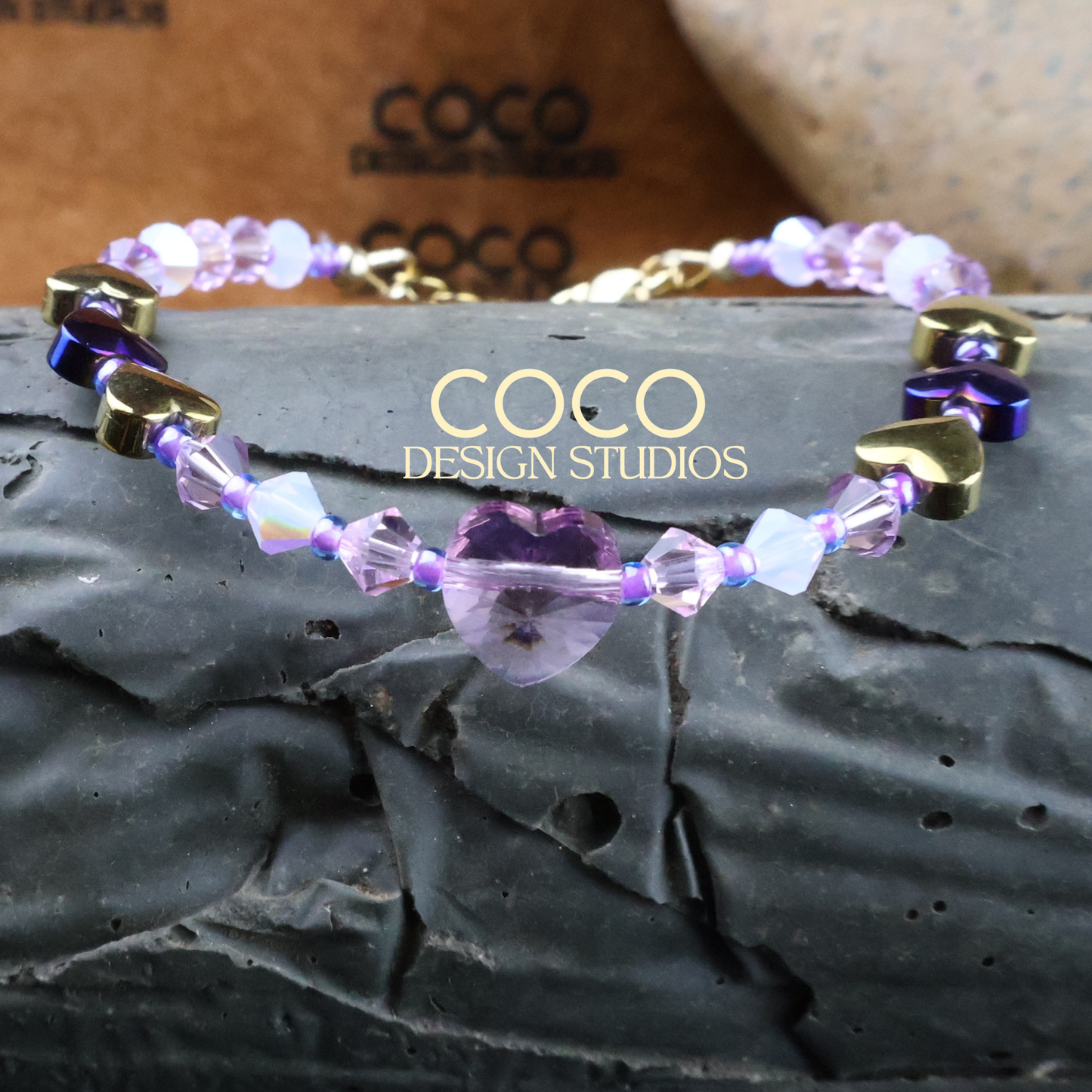 Purple Crystal Heart Charm Bracelet