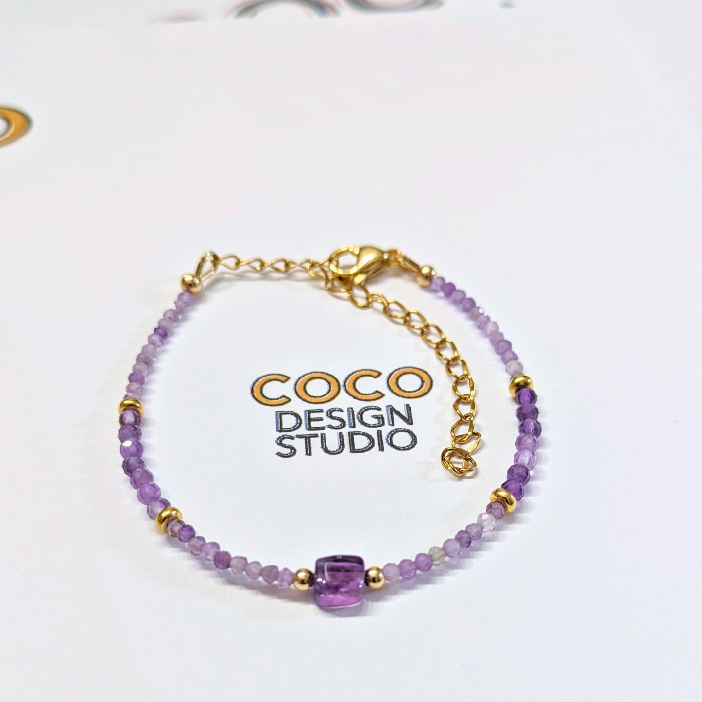 Amethyst Serenity Bracelet: Dainty Faceted Beads with Cube Centerpiece
