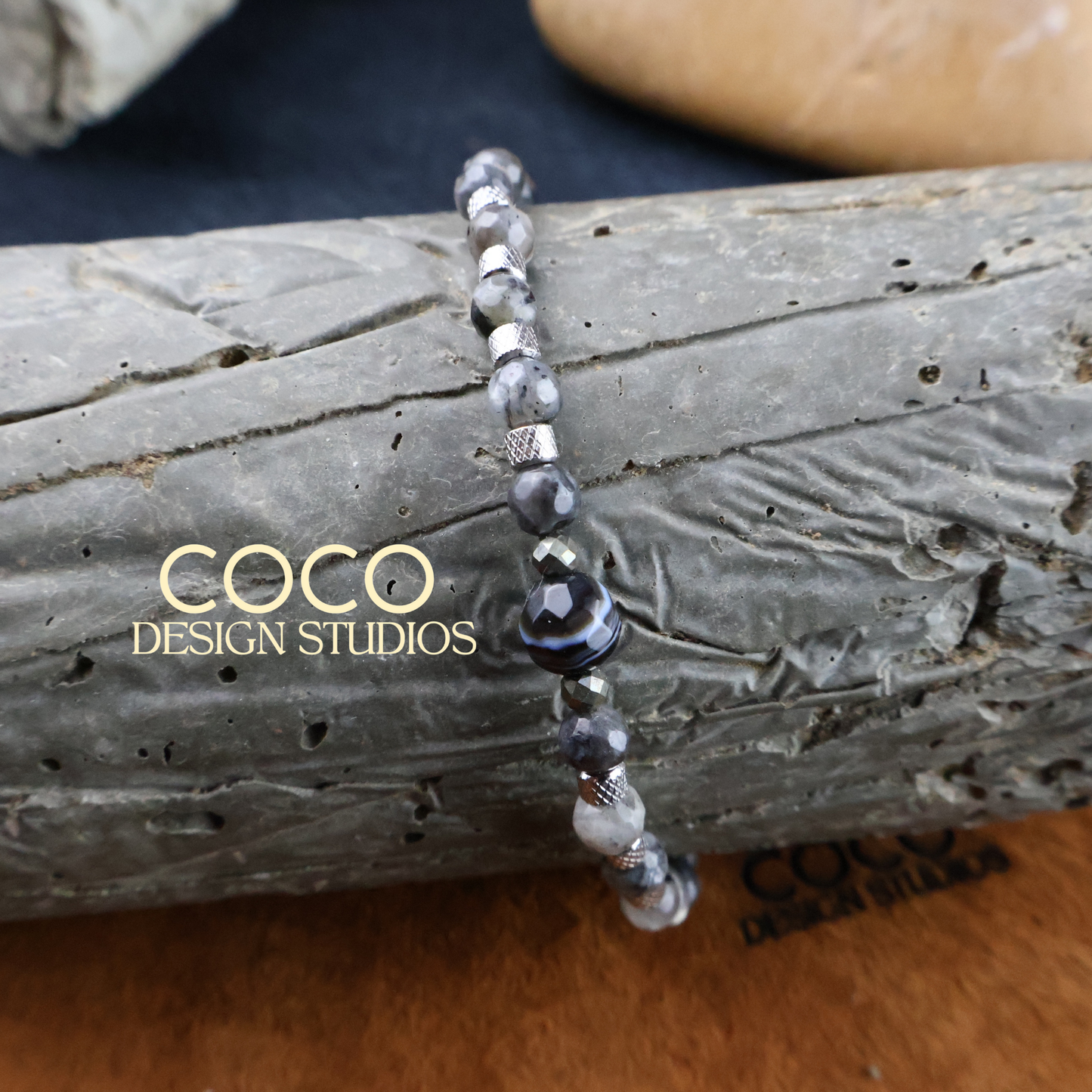 Black Agate and Larvikite with Stainless Steel Bracelet