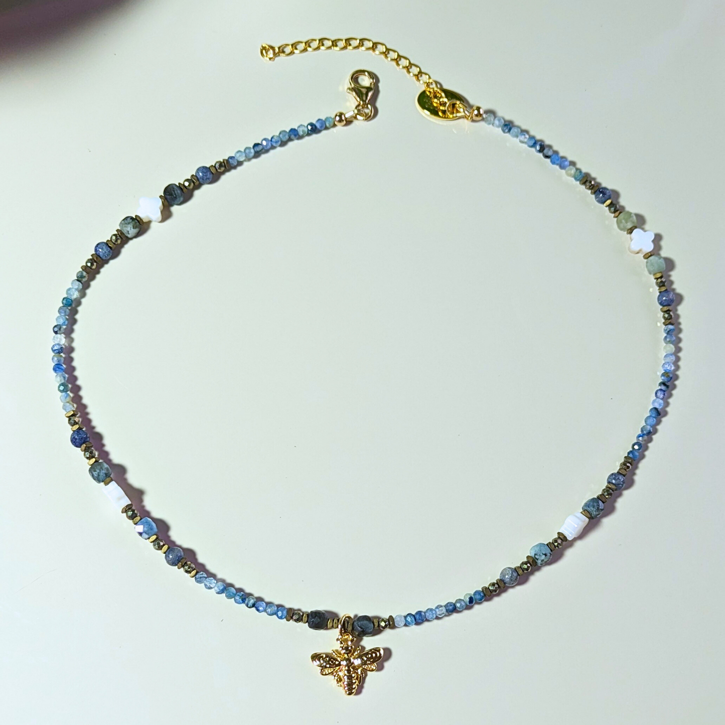 Sodalite Stardust: Aquamarine, Pyrite, and Shell Gold Bee Pendant Necklace