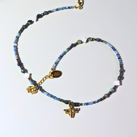 Sodalite Stardust: Aquamarine, Pyrite, and Shell Gold Bee Pendant Necklace