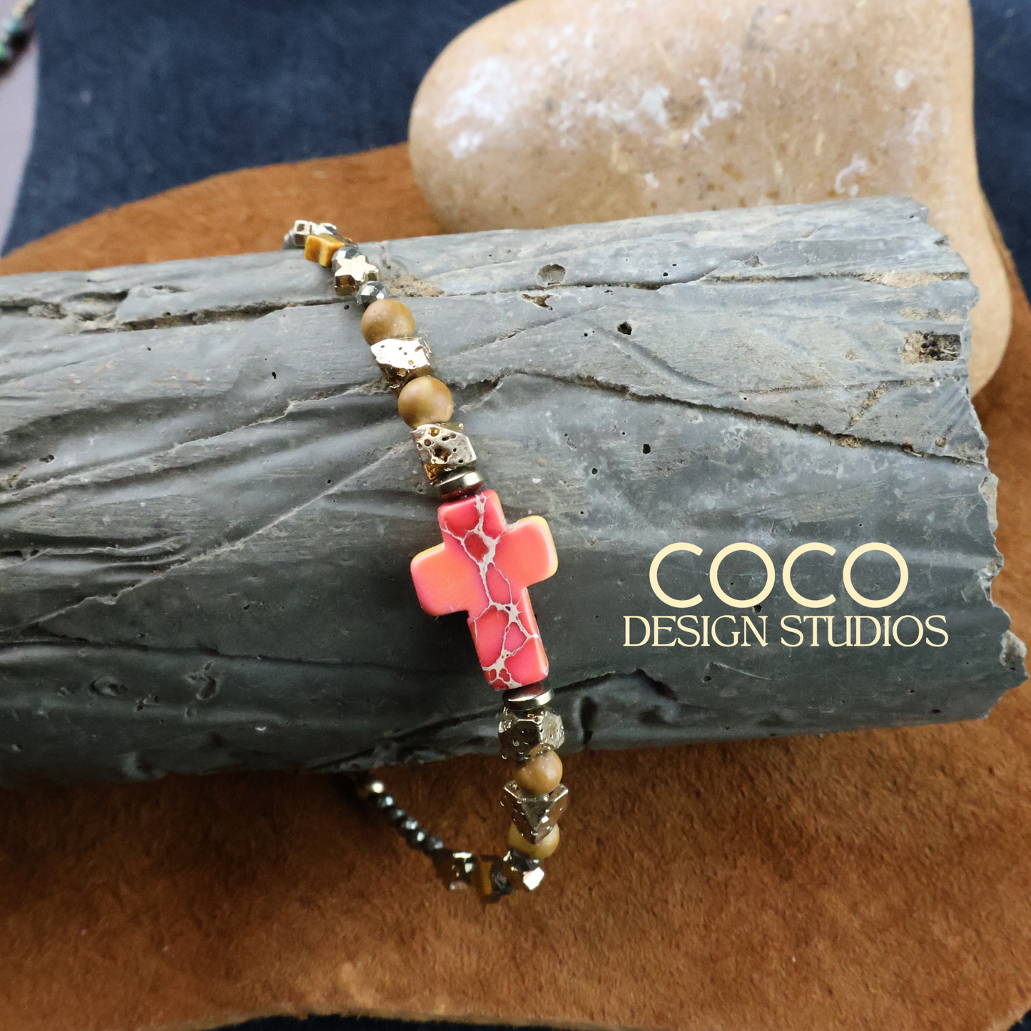 Pink Ocean Jasper Cross with Pyrite Bracelet