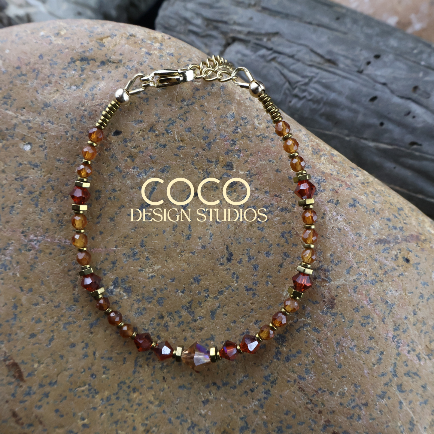 Orange Garnet, Golden Hematite and Austrian Crystal Bracelet