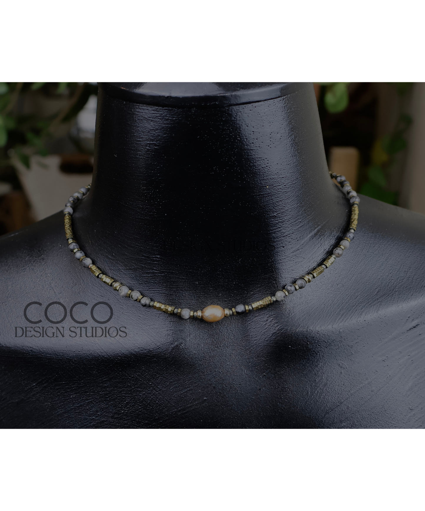 Faceted Pearl, Hematite and Larvikite Necklace