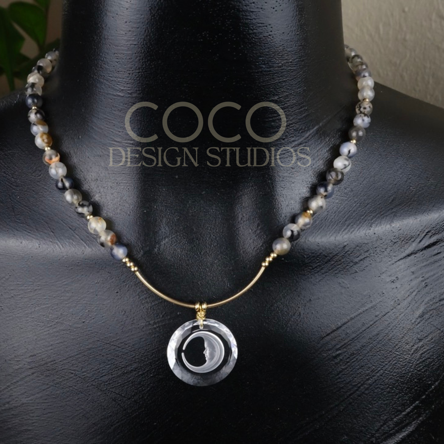 Striped Agate with Crystal Moon Pendant and Gold Filled Accents