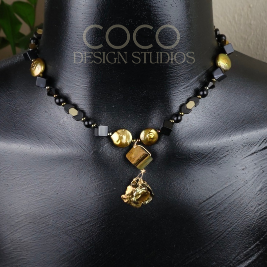 Gold Coin Pearls, Tiger's Eye, and Black Agate Necklace