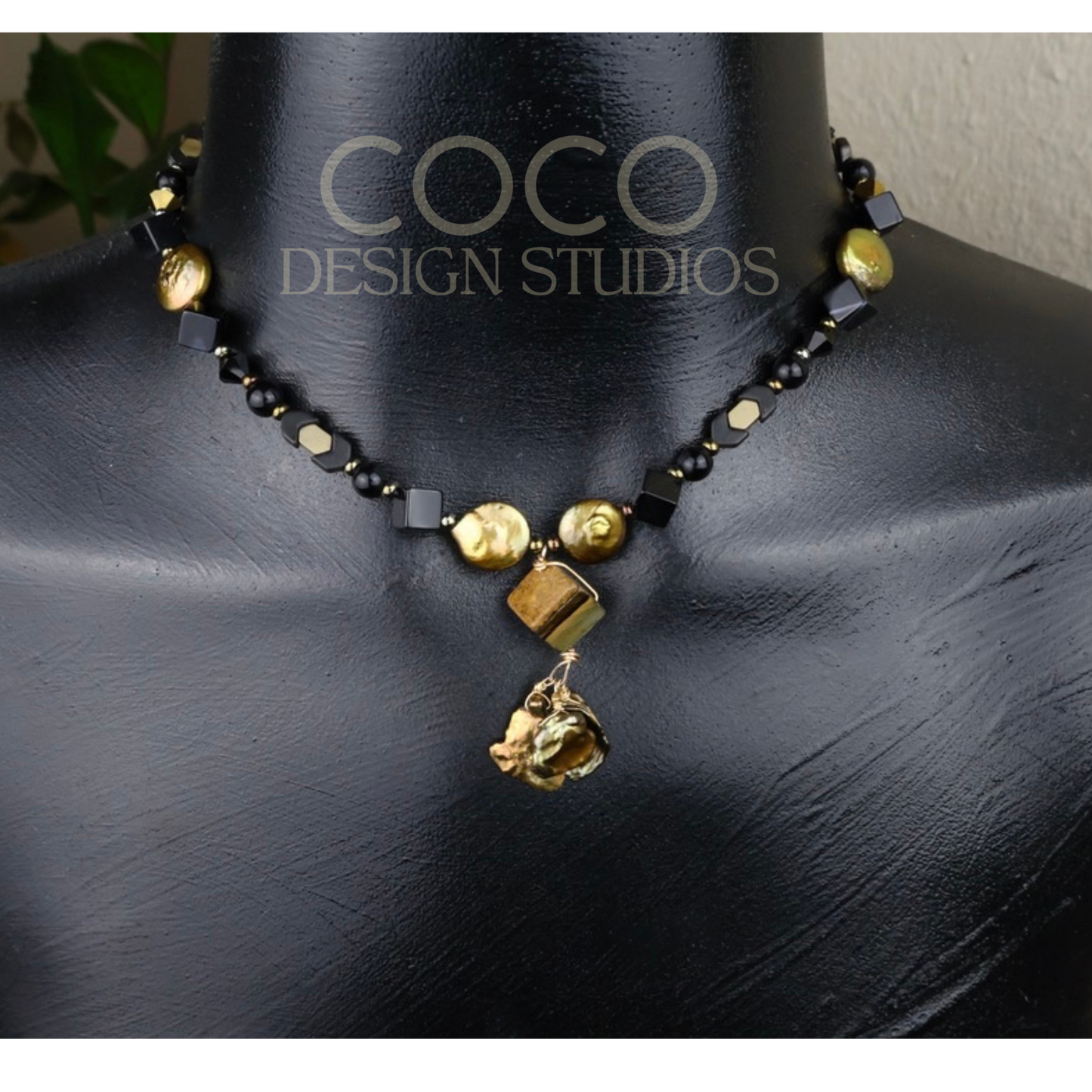 Gold Coin Pearls, Tiger's Eye, and Black Agate Necklace