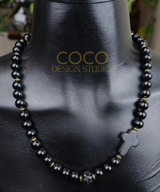 Onyx Necklace with Cross and Pave Bead with Gold Accents