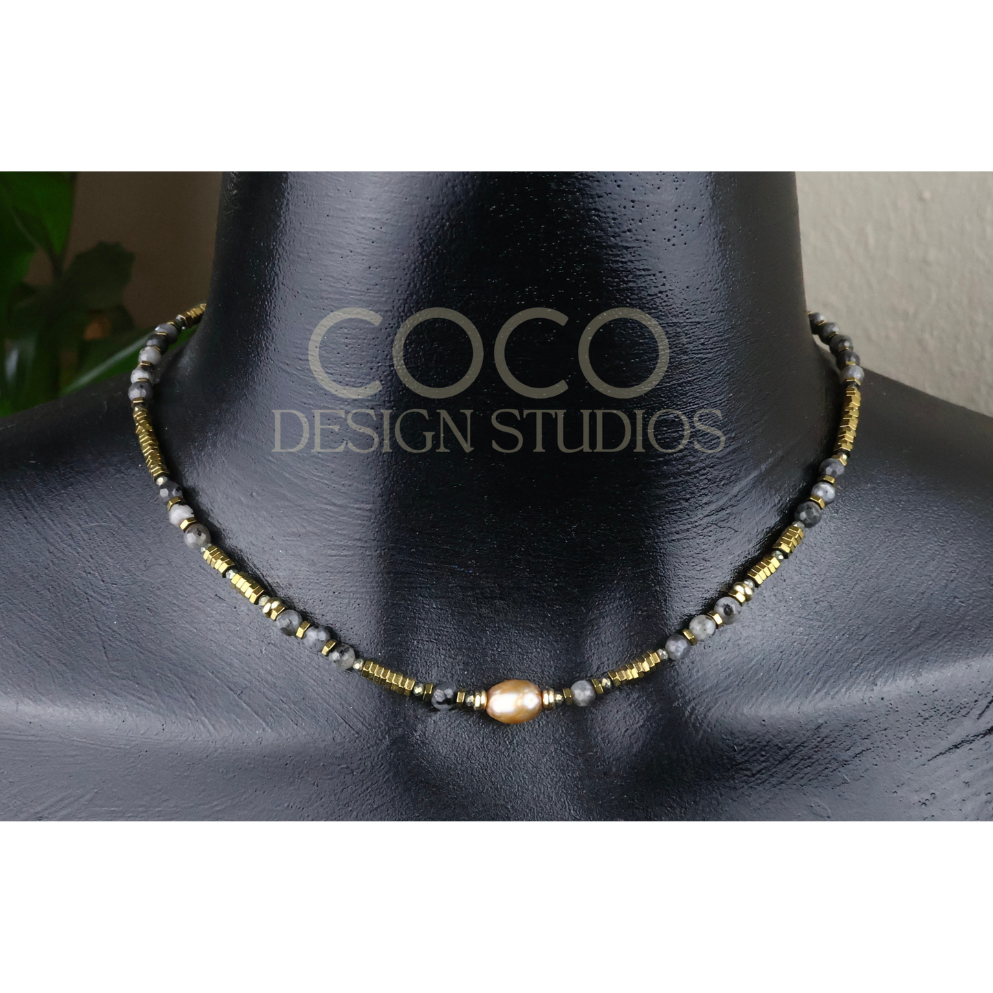 Faceted Pearl, Hematite and Larvikite Necklace