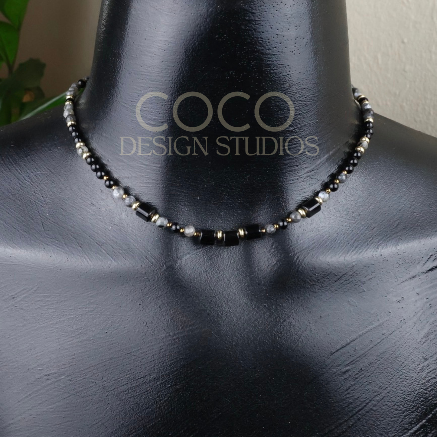 Black Agate, Larvikite with Gold Accents Necklace