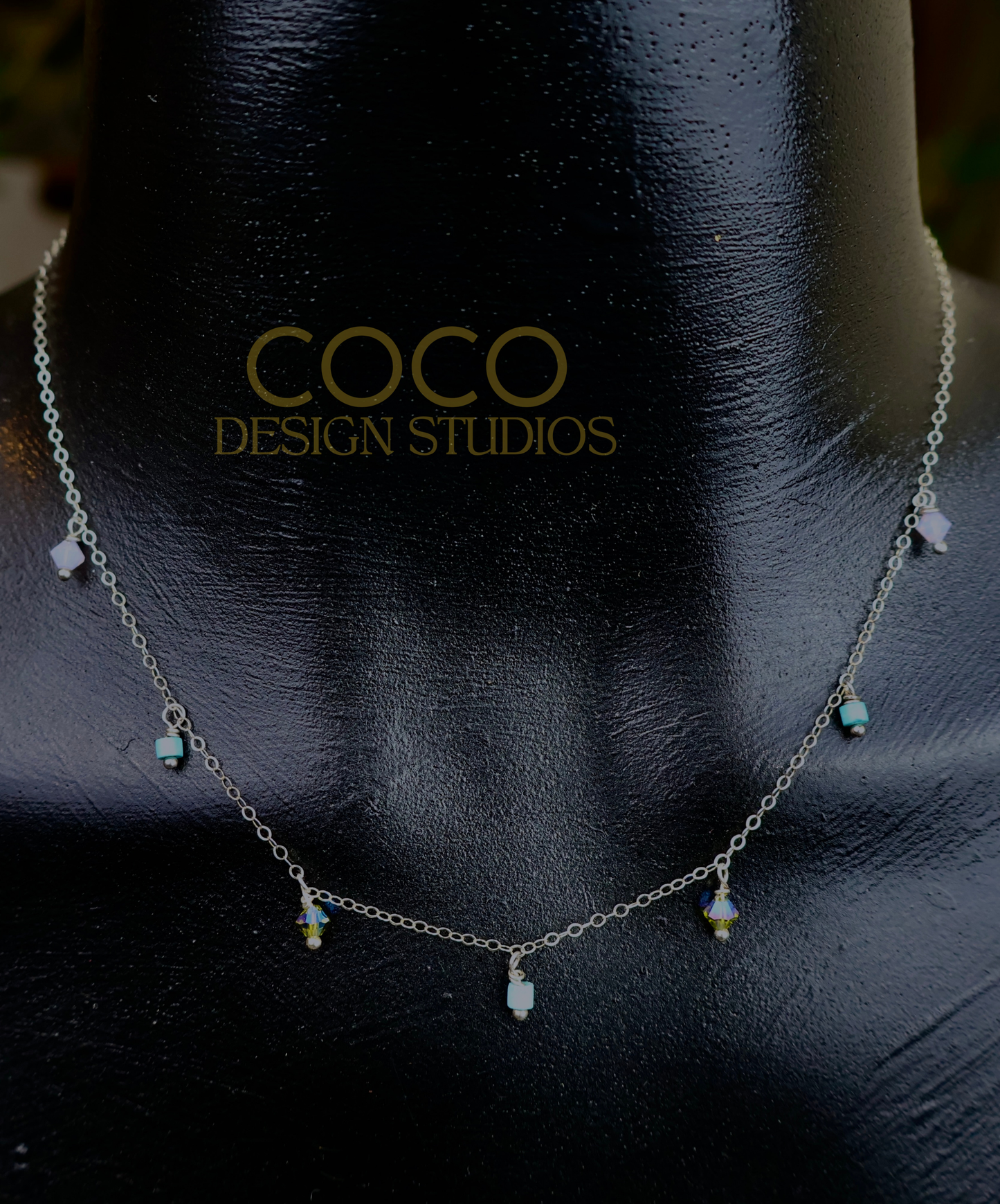 Heishi Turquoise and Light Blue Crystals on Sterling Silver Chain