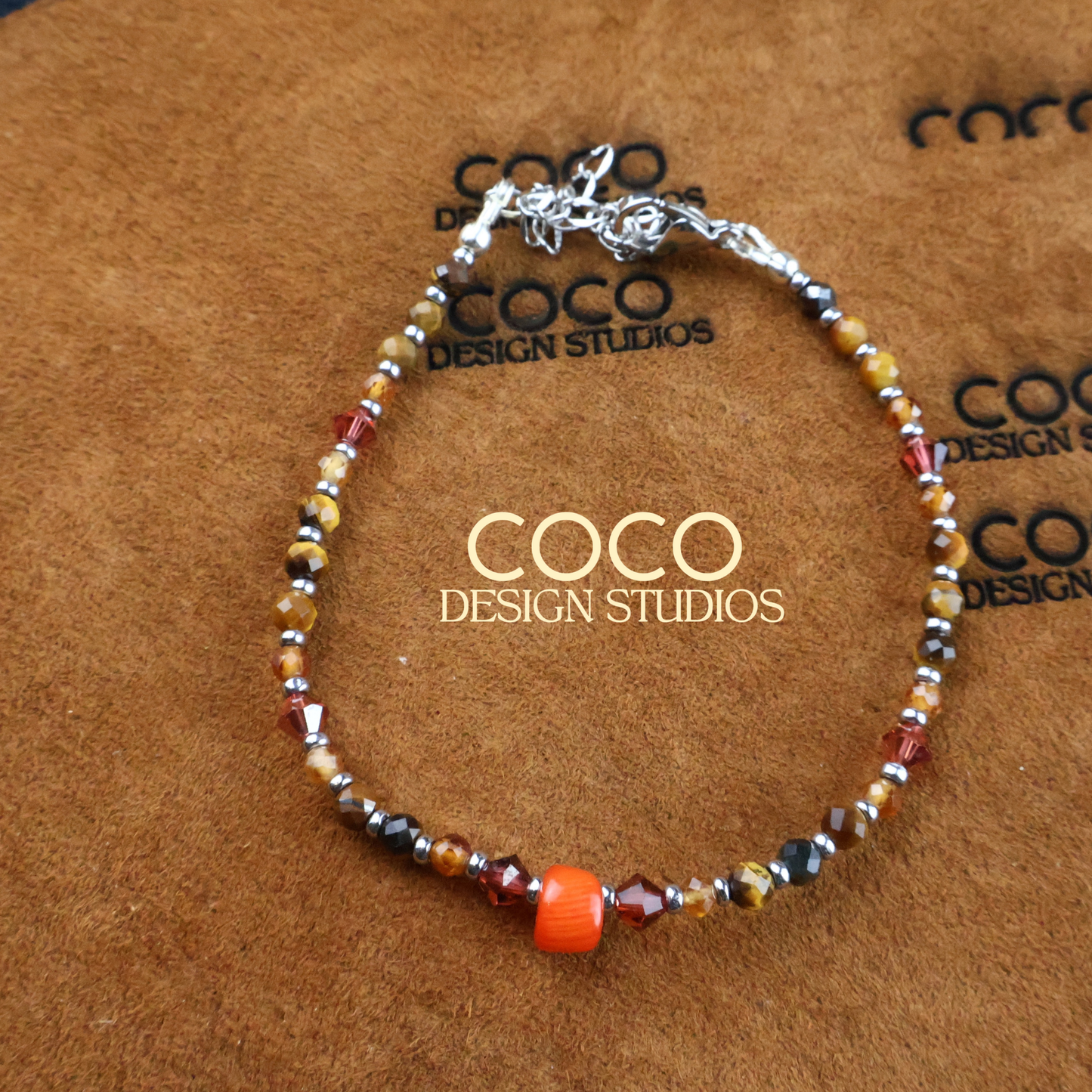 Coral, Tiger's Eye, Spinel and Austrian Crystal Bracelet