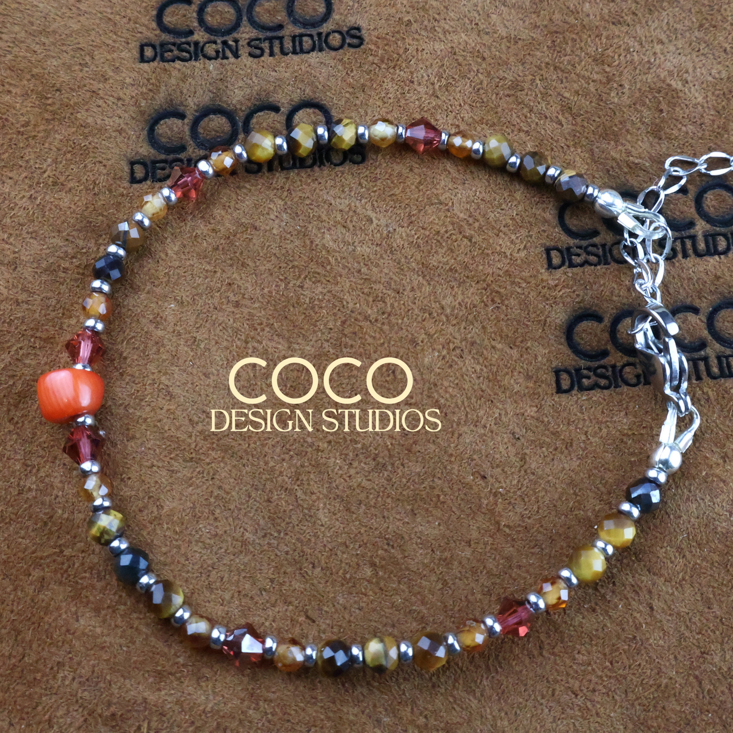 Coral, Tiger's Eye, Spinel and Austrian Crystal Bracelet