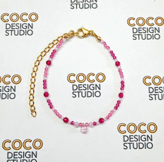 Zirconia Blush Elegance Bracelet: Faceted Pink Zirconias, Pink and Fuchsia Synthetic Rubies with Zirconia Teardrop Centerpiece