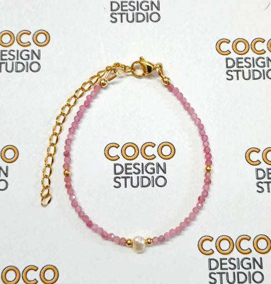 Pearl Radiance Bracelet: Faceted Pink Rhodonite with Freshwater Pearl Centerpiece and Gold Filled Spacers