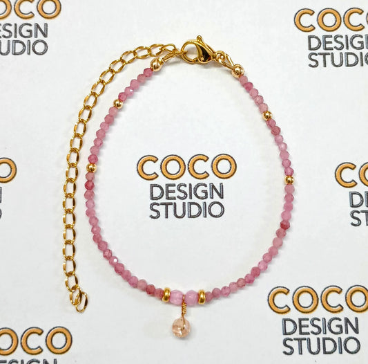 Tranquil Elegance Bracelet: Faceted Pink Rhodonite with Gold Filled Spacers and Tan Zirconia Pendant